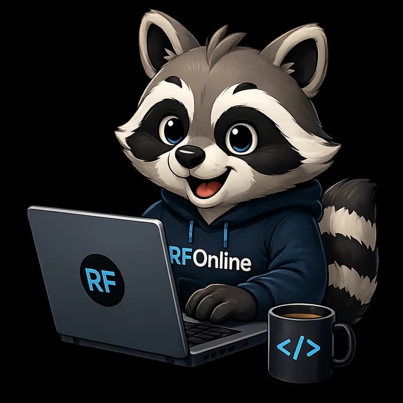 Mascotte RFOnline devant son ordinateur portable